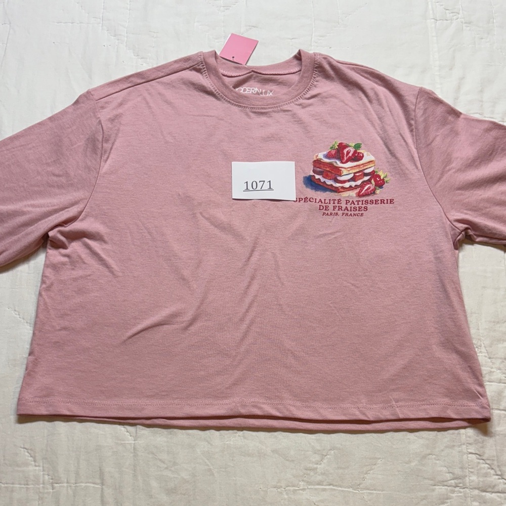 NWT Modern Lux Shirt Womens XXS Pink French Pastry Oversized Cropped Graphic Tee - Picture 10 of 10